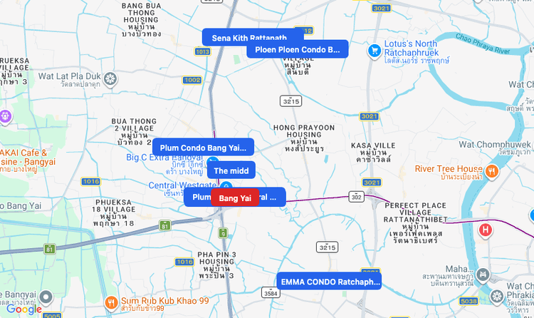 Screenshot of Bang Yai (area) area showing nearby condos and landmarks in Bangkok