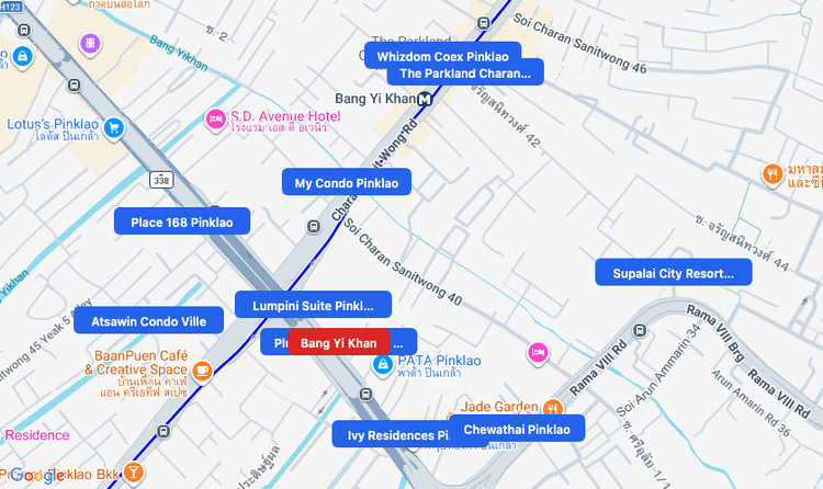 Screenshot of Bang Yi Khan (area) area showing nearby condos and landmarks in Bangkok