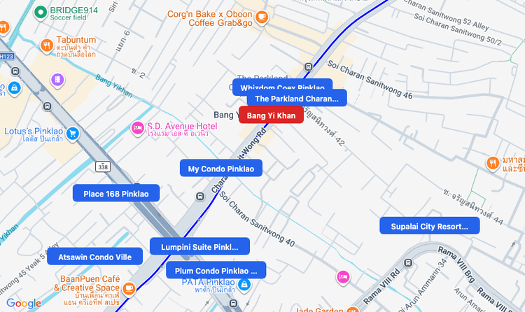 Screenshot of Bang Yi Khan (MRT Purple) area showing nearby condos and landmarks in Bangkok