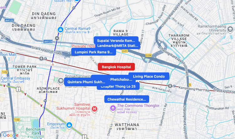 Screenshot of Bangkok Hospital (hospital) area showing nearby condos and landmarks in Bangkok