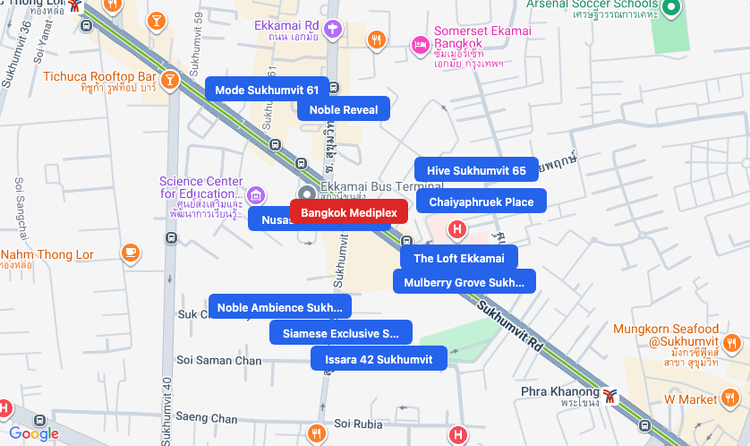 Screenshot of Bangkok Mediplex (hospital) area showing nearby condos and landmarks in Bangkok