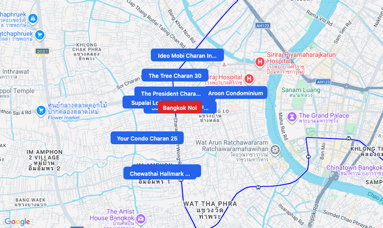 Screenshot of Bangkok Noi (area) area showing nearby condos and landmarks in Bangkok