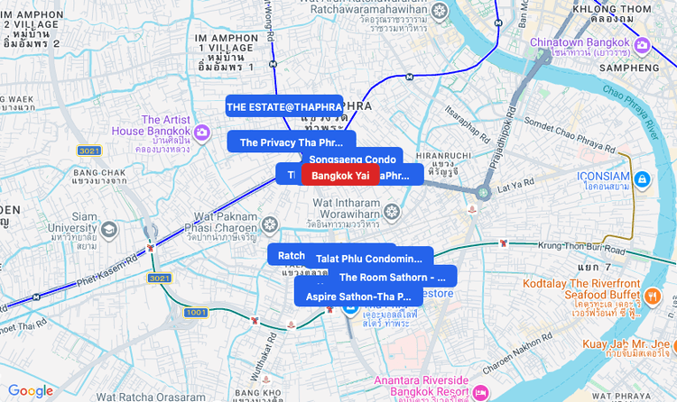 Screenshot of Bangkok Yai (area) area showing nearby condos and landmarks in Bangkok