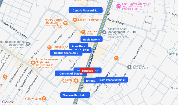 Screenshot of Bangkok (area) area showing nearby condos and landmarks in Bangkok