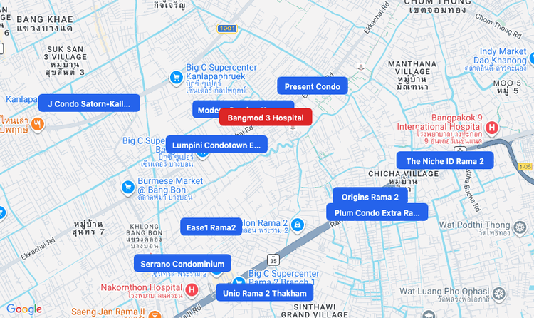 Screenshot of Bangmod 3 Hospital (hospital) area showing nearby condos and landmarks in Bangkok