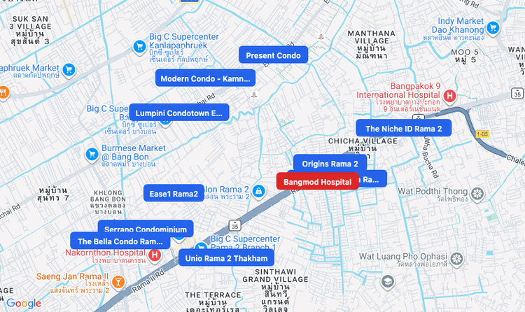 Screenshot of Bangmod Hospital (hospital) area showing nearby condos and landmarks in Bangkok