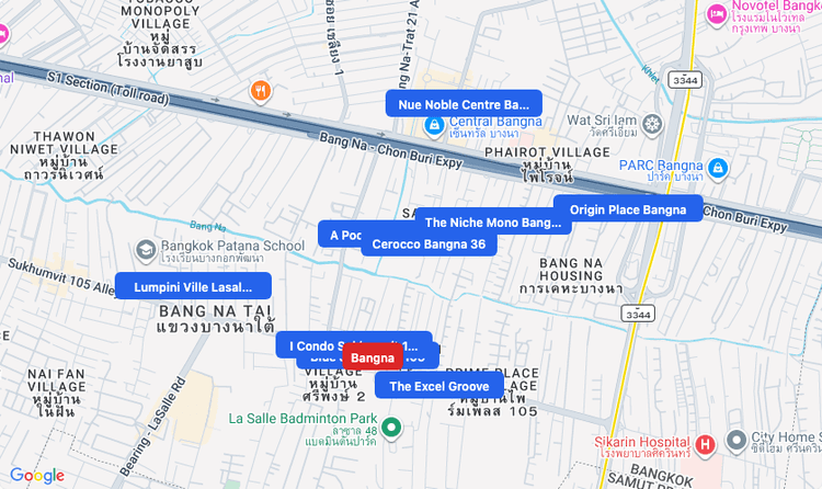 Screenshot of Bangna (area) area showing nearby condos and landmarks in Bangkok