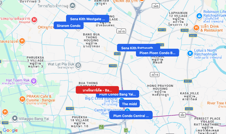 Screenshot of Bangrak Market (supermarket) area showing nearby condos and landmarks in Bangkok