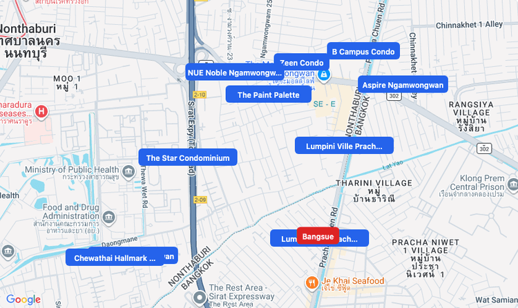 Screenshot of Bangsue (area) area showing nearby condos and landmarks in Bangkok