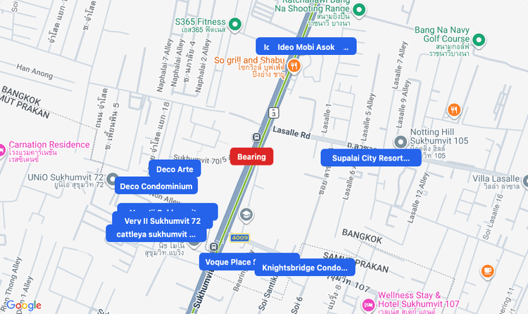 Screenshot of Bearing (BTS Sukhumvit (Green)) area showing nearby condos and landmarks in Bangkok