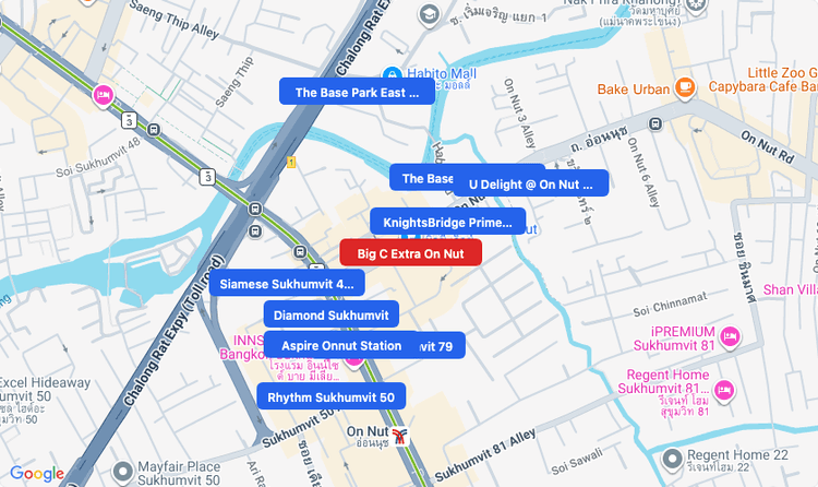 Screenshot of Big C Extra On Nut (supermarket) area showing nearby condos and landmarks in Bangkok