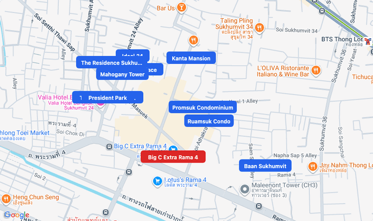 Screenshot of Big C Extra Rama 4 (supermarket) area showing nearby condos and landmarks in Bangkok