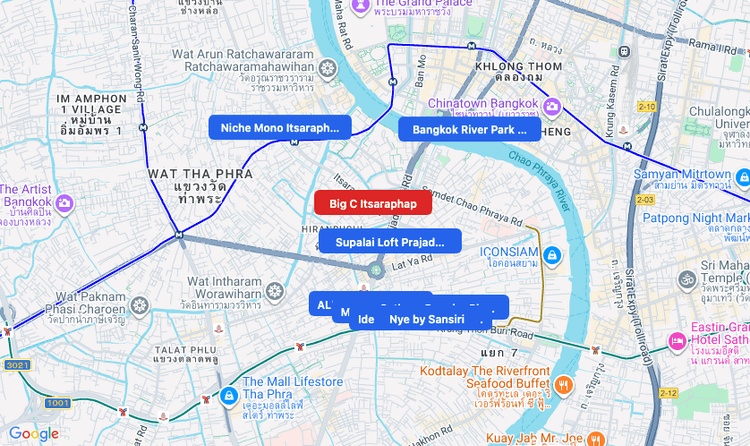 Screenshot of Big C Itsaraphap (supermarket) area showing nearby condos and landmarks in Bangkok