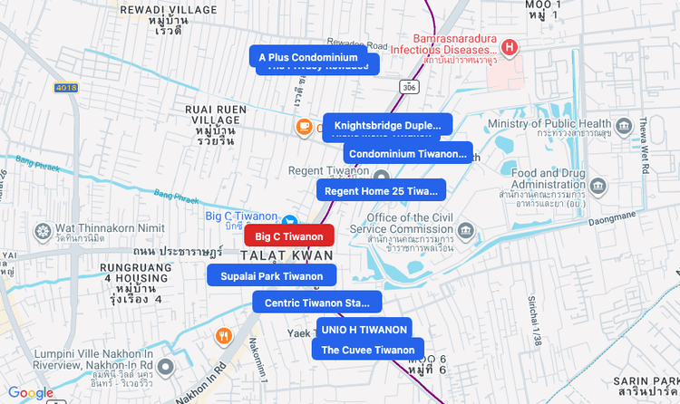 Screenshot of Big C Tiwanon (supermarket) area showing nearby condos and landmarks in Bangkok