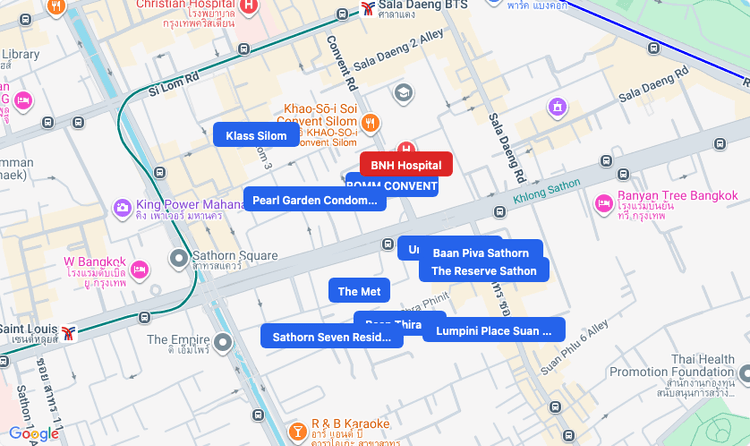 Screenshot of BNH Hospital (hospital) area showing nearby condos and landmarks in Bangkok