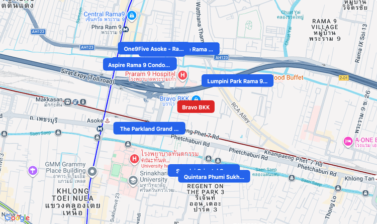 Screenshot of Bravo BKK (shopping) area showing nearby condos and landmarks in Bangkok