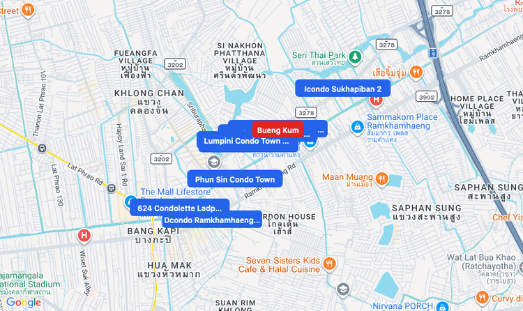 Screenshot of Bueng Kum (area) area showing nearby condos and landmarks in Bangkok