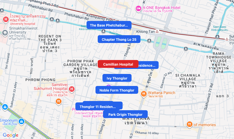 Screenshot of Camillian Hospital (hospital) area showing nearby condos and landmarks in Bangkok