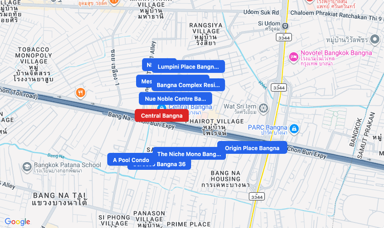 Screenshot of Central Bangna (shopping) area showing nearby condos and landmarks in Bangkok