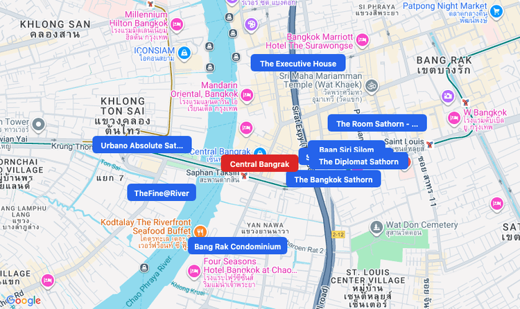 Screenshot of Central Bangrak (shopping) area showing nearby condos and landmarks in Bangkok