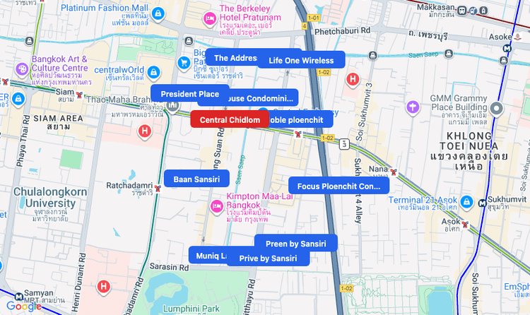 Screenshot of Central Chidlom (shopping) area showing nearby condos and landmarks in Bangkok