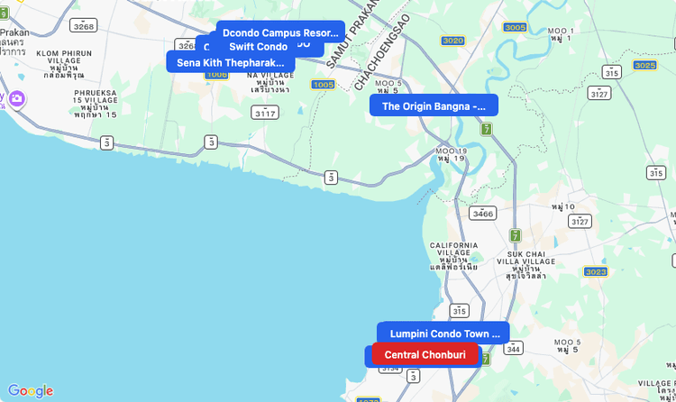 Screenshot of Central Chonburi (shopping) area showing nearby condos and landmarks in Bangkok