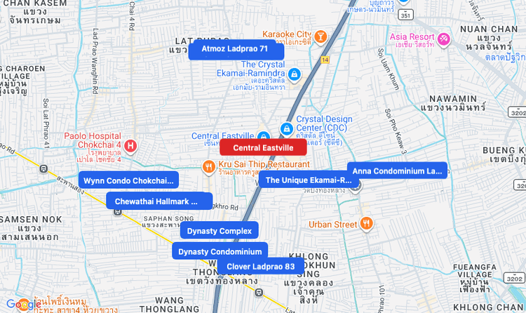 Screenshot of Central Eastville (shopping) area showing nearby condos and landmarks in Bangkok
