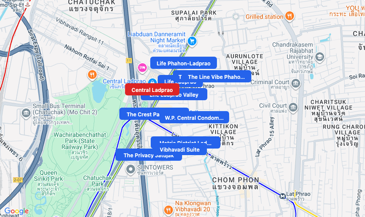 Screenshot of Central Ladprao (shopping) area showing nearby condos and landmarks in Bangkok