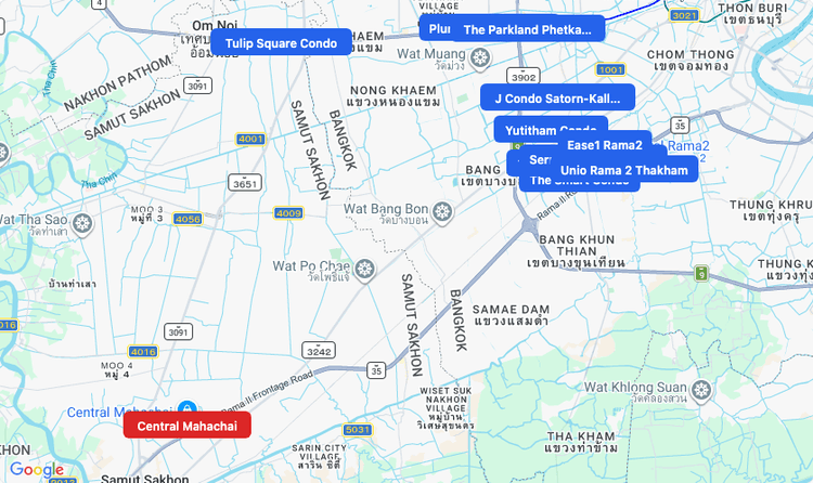 Screenshot of Central Mahachai (shopping) area showing nearby condos and landmarks in Bangkok