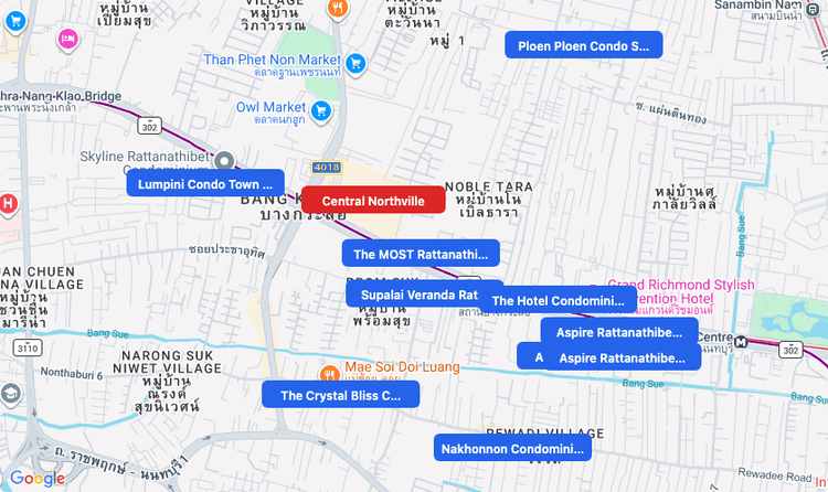 Screenshot of Central Northville (shopping) area showing nearby condos and landmarks in Bangkok