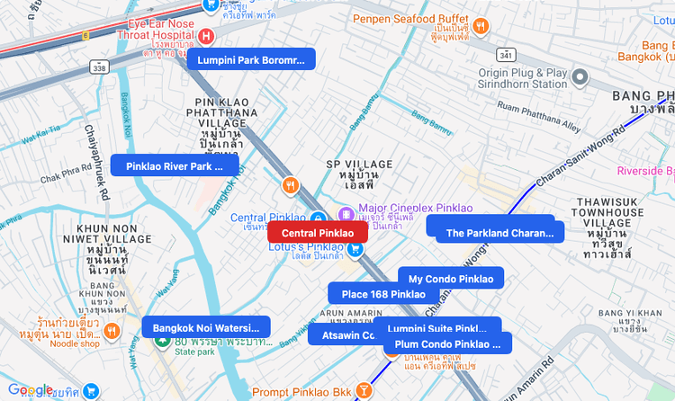 Screenshot of Central Pinklao (shopping) area showing nearby condos and landmarks in Bangkok