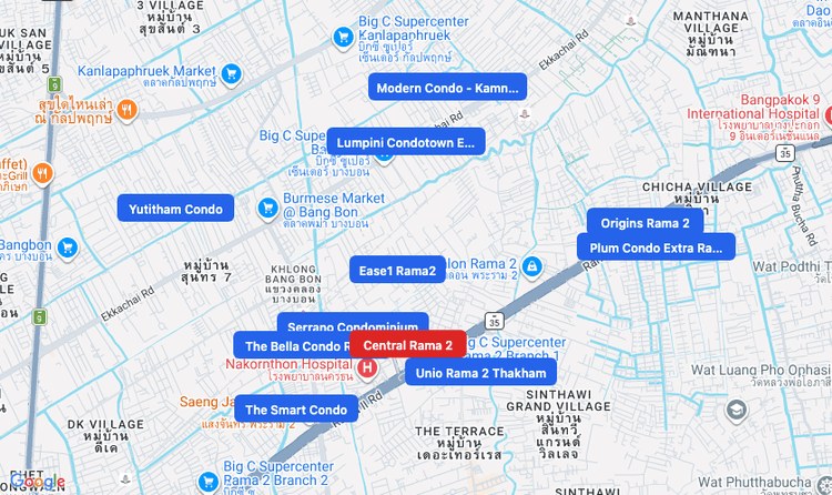Screenshot of Central Rama 2 (shopping) area showing nearby condos and landmarks in Bangkok