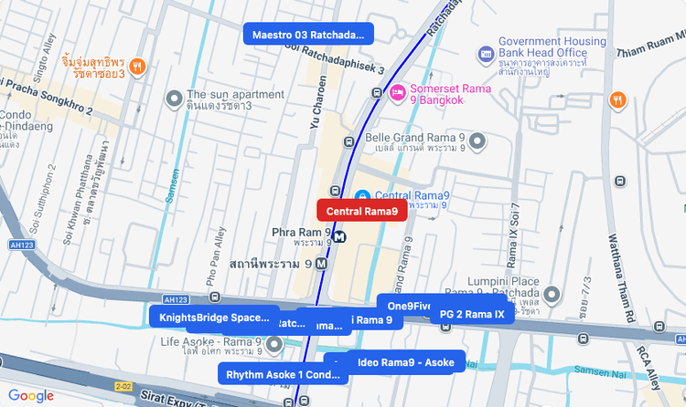 Screenshot of Central Rama9 (shopping) area showing nearby condos and landmarks in Bangkok