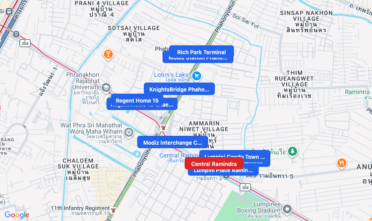 Screenshot of Central Ramindra (shopping) area showing nearby condos and landmarks in Bangkok
