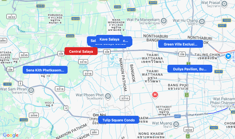 Screenshot of Central Salaya (shopping) area showing nearby condos and landmarks in Bangkok
