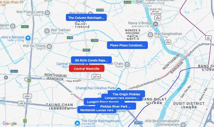 Screenshot of Central Westville (shopping) area showing nearby condos and landmarks in Bangkok