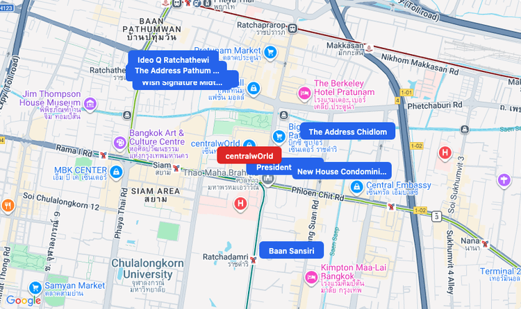 Screenshot of centralwOrld (shopping) area showing nearby condos and landmarks in Bangkok