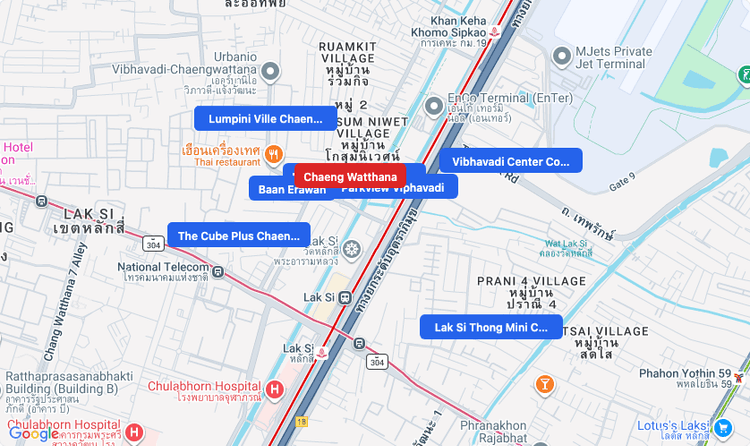 Screenshot of Chaeng Watthana (area) area showing nearby condos and landmarks in Bangkok