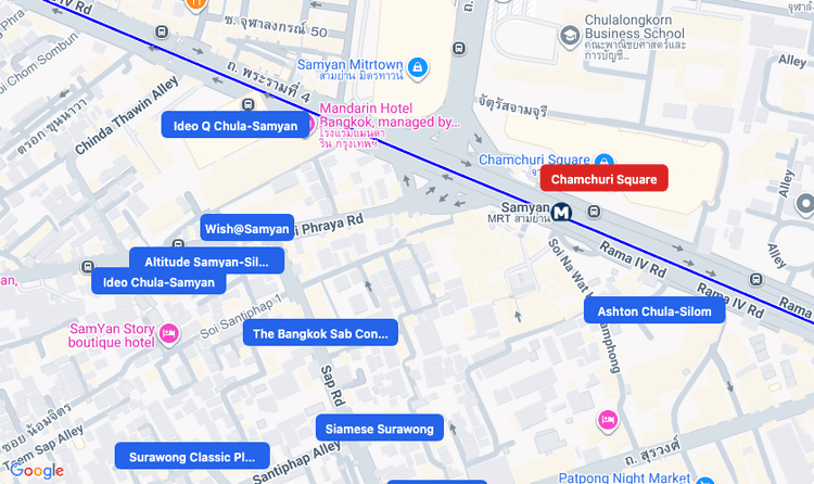 Screenshot of Chamchuri Square (shopping) area showing nearby condos and landmarks in Bangkok