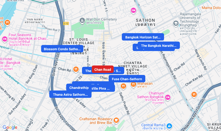 Screenshot of Chan Road (area) area showing nearby condos and landmarks in Bangkok