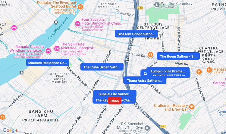 Screenshot of Chan (area) area showing nearby condos and landmarks in Bangkok