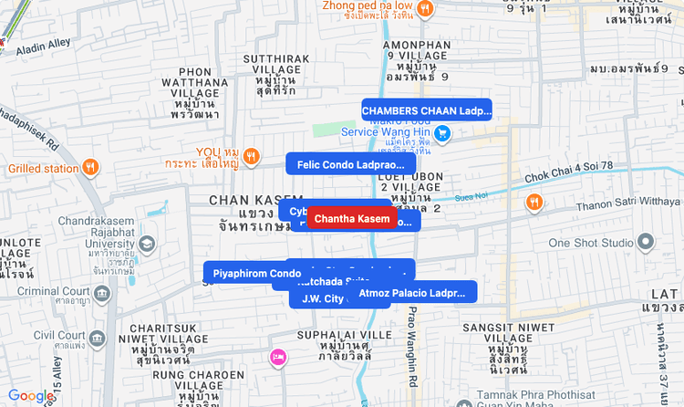 Screenshot of Chantha Kasem (area) area showing nearby condos and landmarks in Bangkok