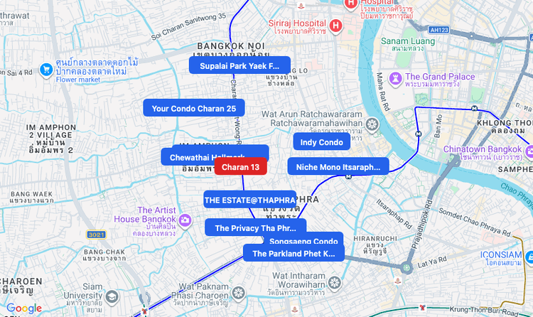 Screenshot of Charan 13 (MRT Blue) area showing nearby condos and landmarks in Bangkok