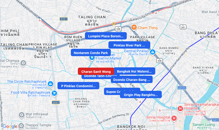 Screenshot of Charan Sanit Wong (area) area showing nearby condos and landmarks in Bangkok