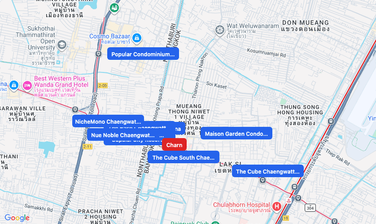 Screenshot of Charn (shopping) area showing nearby condos and landmarks in Bangkok