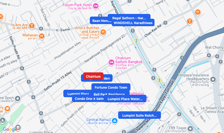 Screenshot of Chatrium (area) area showing nearby condos and landmarks in Bangkok