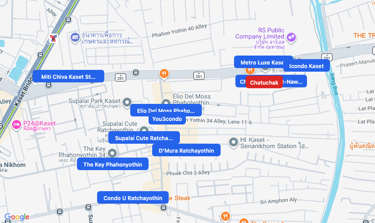 Screenshot of Chatuchak (area) area showing nearby condos and landmarks in Bangkok