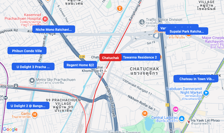 Screenshot of Chatuchak (SRT Red) area showing nearby condos and landmarks in Bangkok