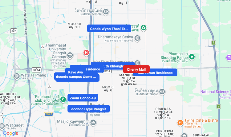 Screenshot of Cherry Mall (shopping) area showing nearby condos and landmarks in Bangkok
