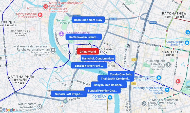 Screenshot of China World (shopping) area showing nearby condos and landmarks in Bangkok